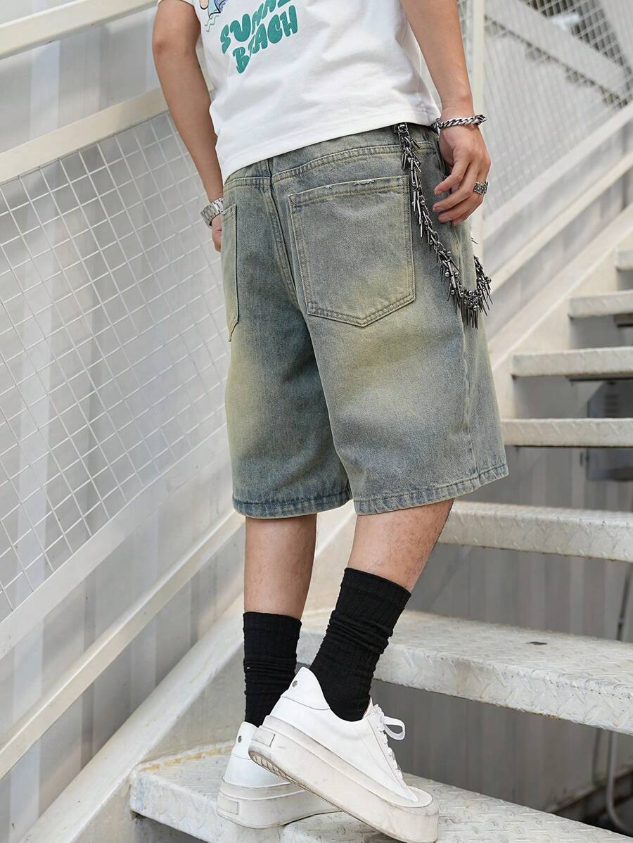 Men's Light Wash Ripped Denim Bermuda Shorts With Floral Retro Design