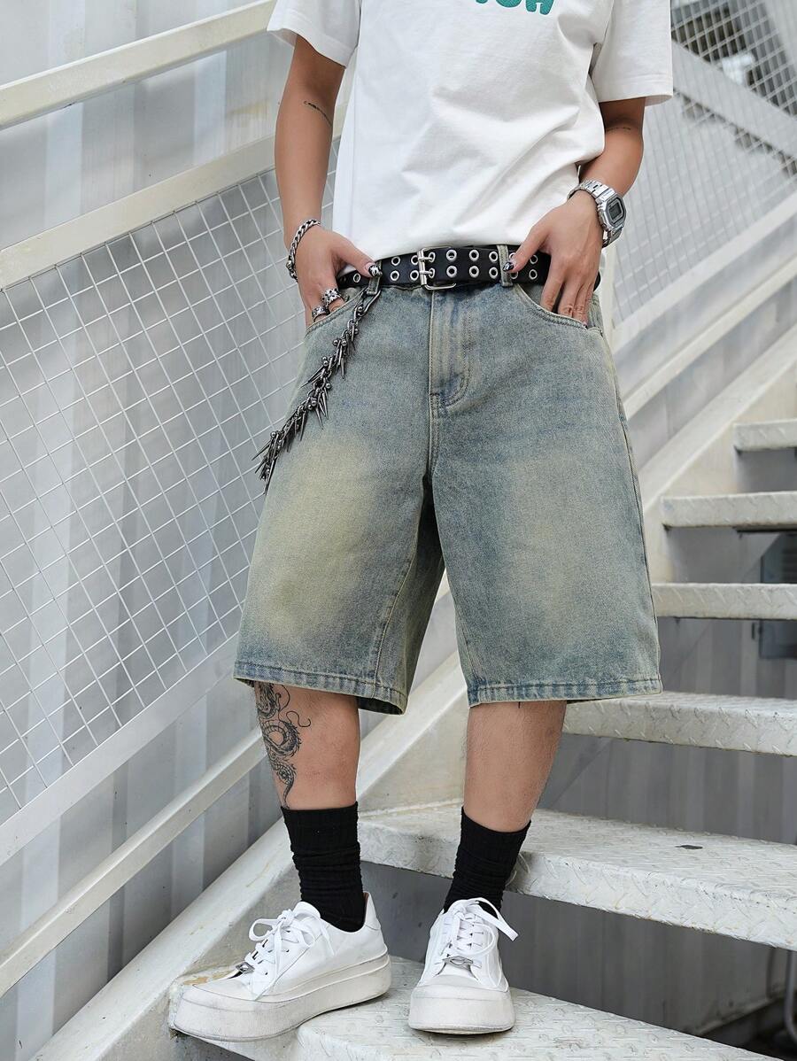 Men's Light Wash Ripped Denim Bermuda Shorts With Floral Retro Design