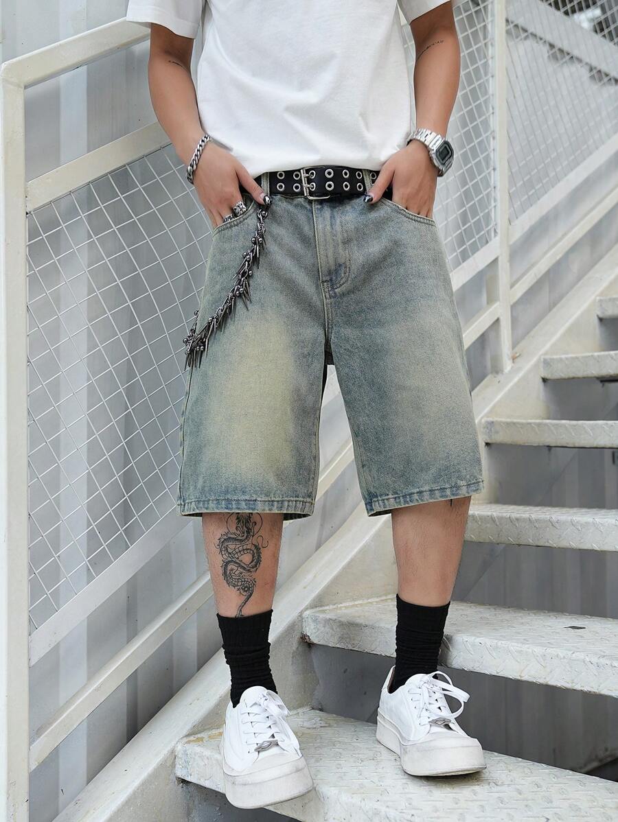 Men's Light Wash Ripped Denim Bermuda Shorts With Floral Retro Design