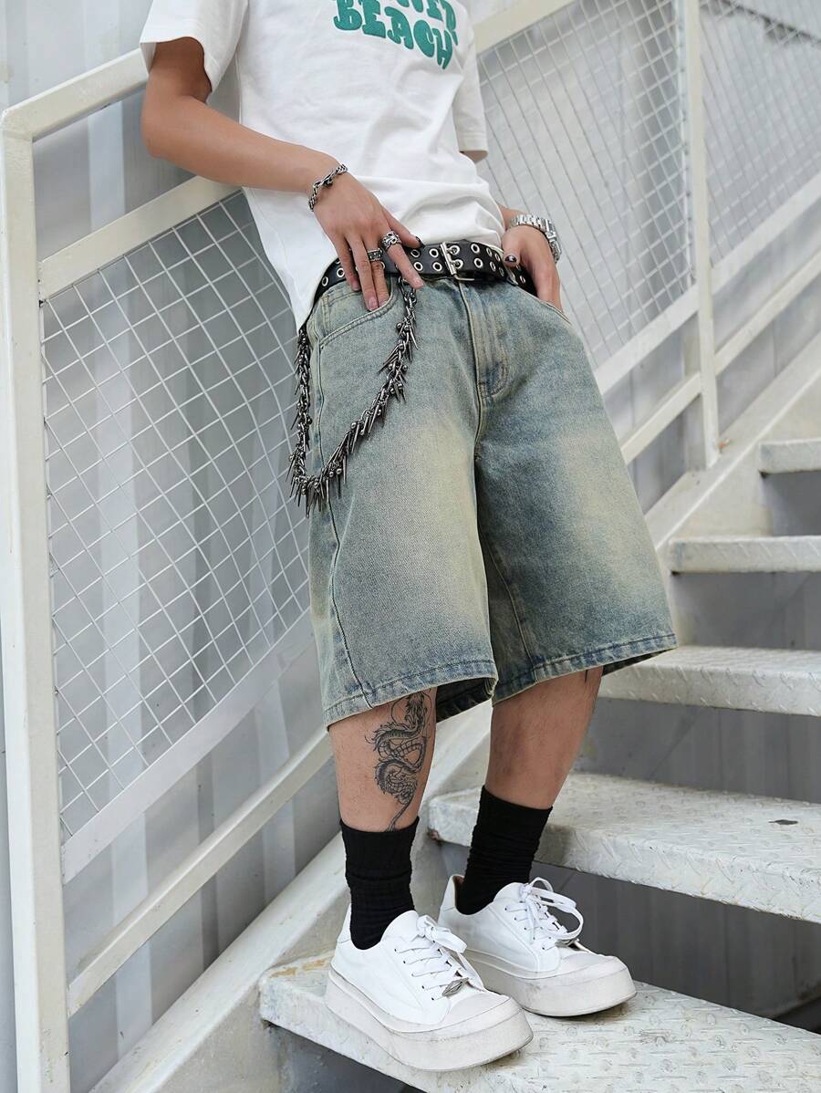 Men's Light Wash Ripped Denim Bermuda Shorts With Floral Retro Design