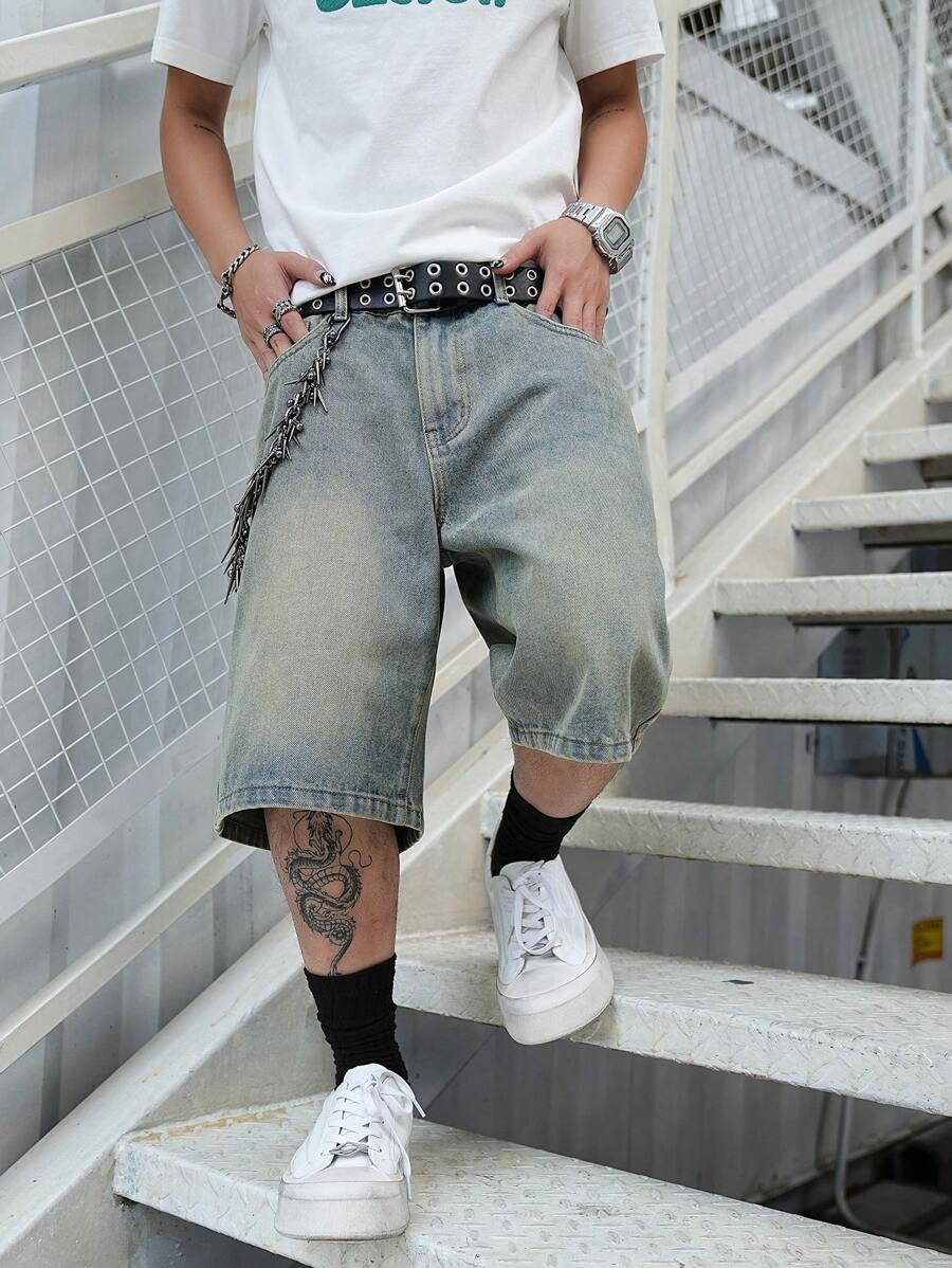 Men's Light Wash Ripped Denim Bermuda Shorts With Floral Retro Design