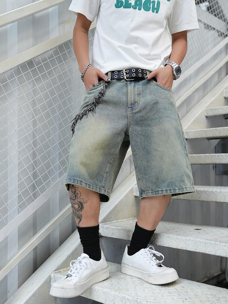 Men's Light Wash Ripped Denim Bermuda Shorts With Floral Retro Design