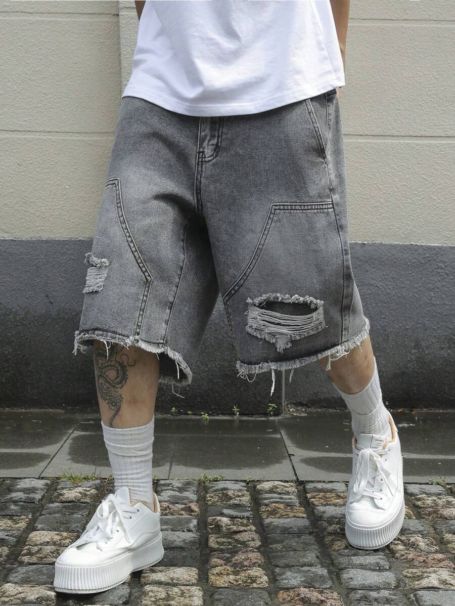 Men's Pocket Distressed Raw Hem Loose Fit Jorts