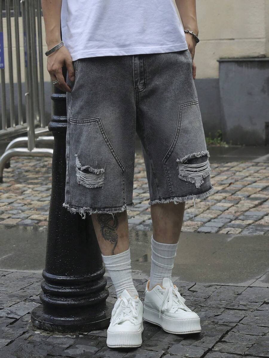 Men's Pocket Distressed Raw Hem Loose Fit Jorts