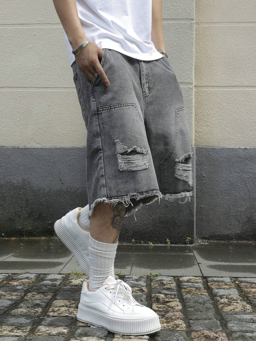 Men's Pocket Distressed Raw Hem Loose Fit Jorts