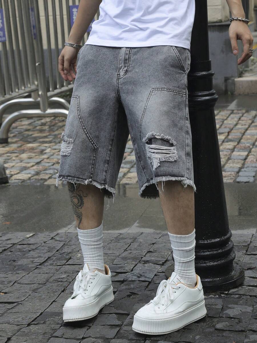 Men's Pocket Distressed Raw Hem Loose Fit Jorts