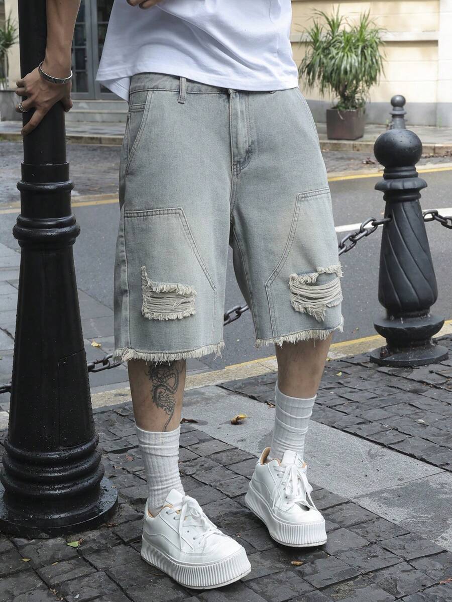 Men's Pocket Distressed Raw Hem Loose Fit Jorts