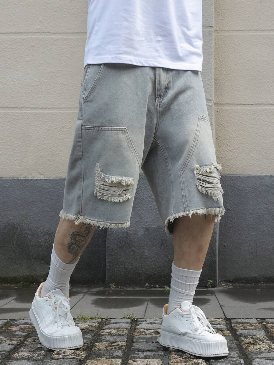 Men's Pocket Distressed Raw Hem Loose Fit Jorts