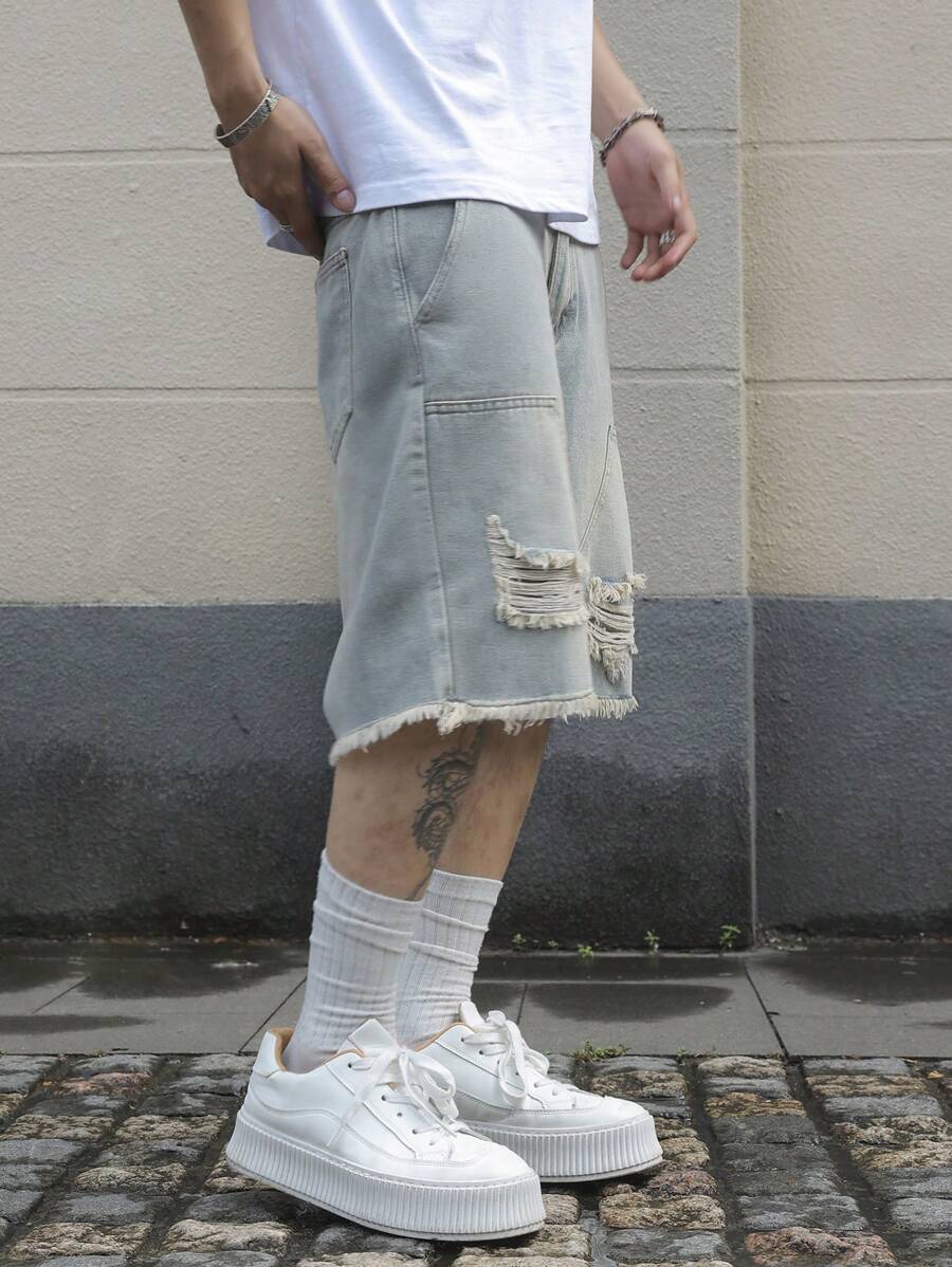 Men's Pocket Distressed Raw Hem Loose Fit Jorts