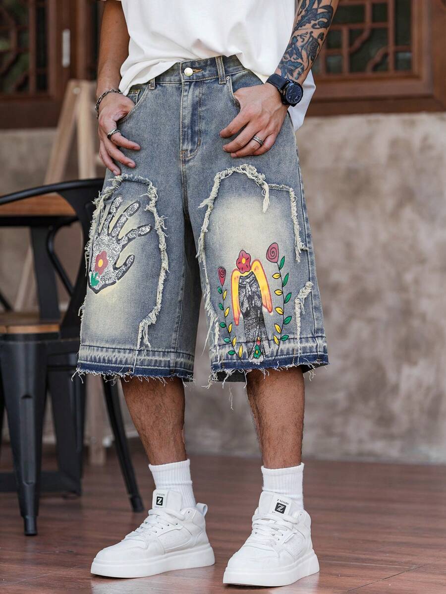 Men's Floral Pattern Frayed Pocket Wide Leg Loose Denim Shorts