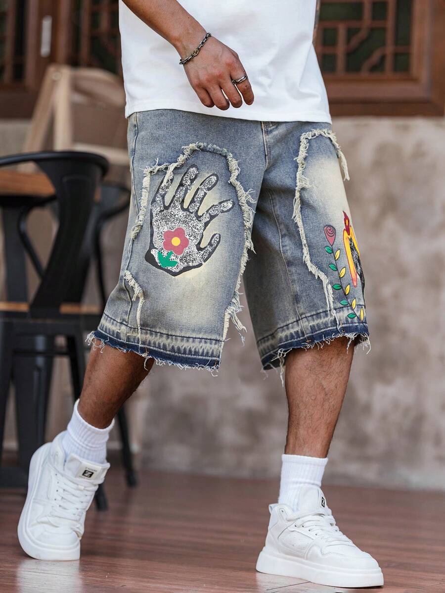 Men's Floral Pattern Frayed Pocket Wide Leg Loose Denim Shorts