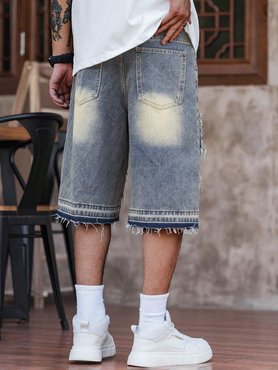 Men's Floral Pattern Frayed Pocket Wide Leg Loose Denim Shorts