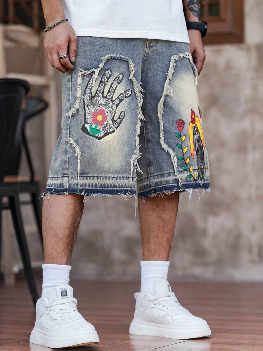 Men's Floral Pattern Frayed Pocket Wide Leg Loose Denim Shorts