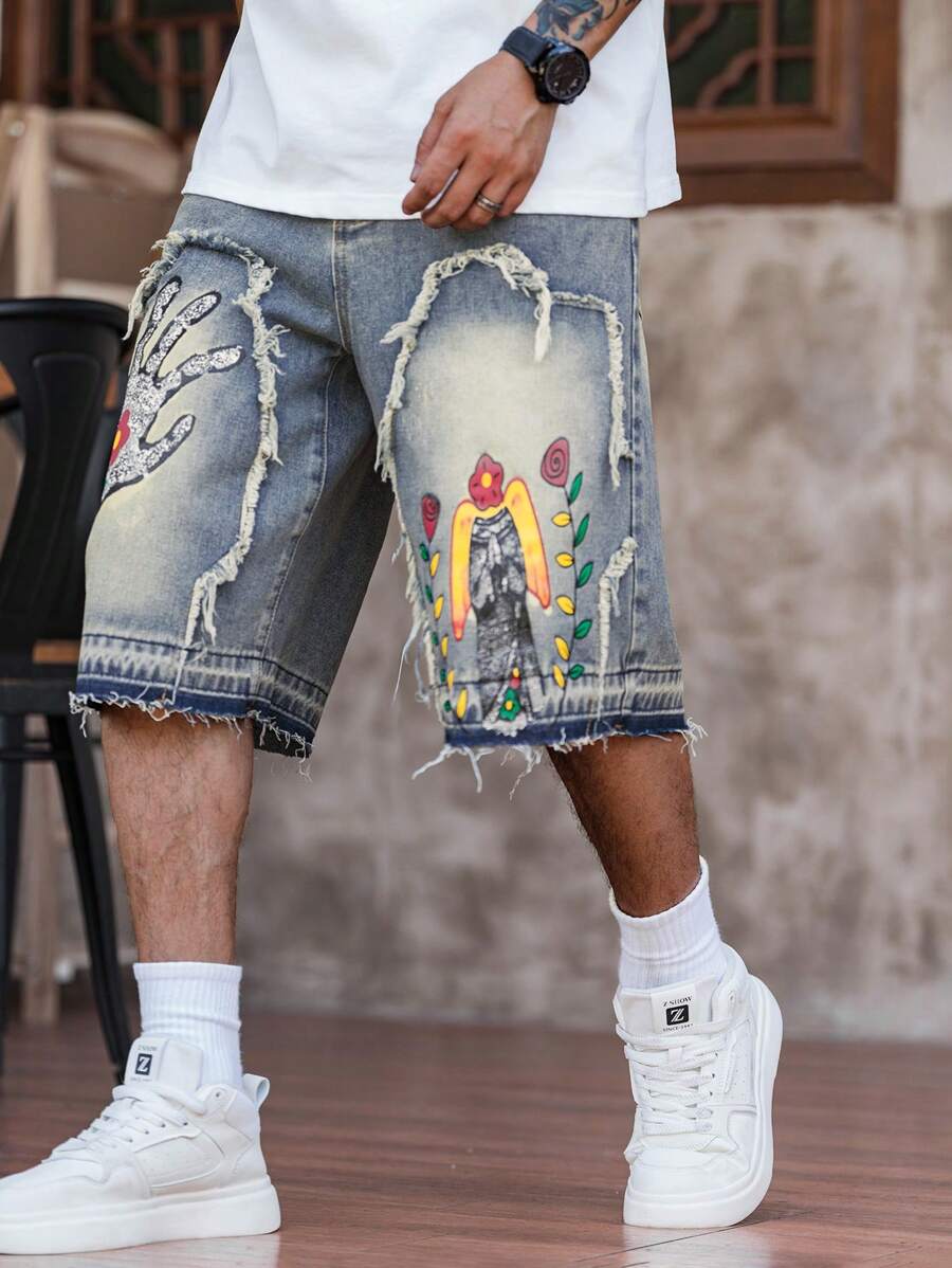 Men's Floral Pattern Frayed Pocket Wide Leg Loose Denim Shorts