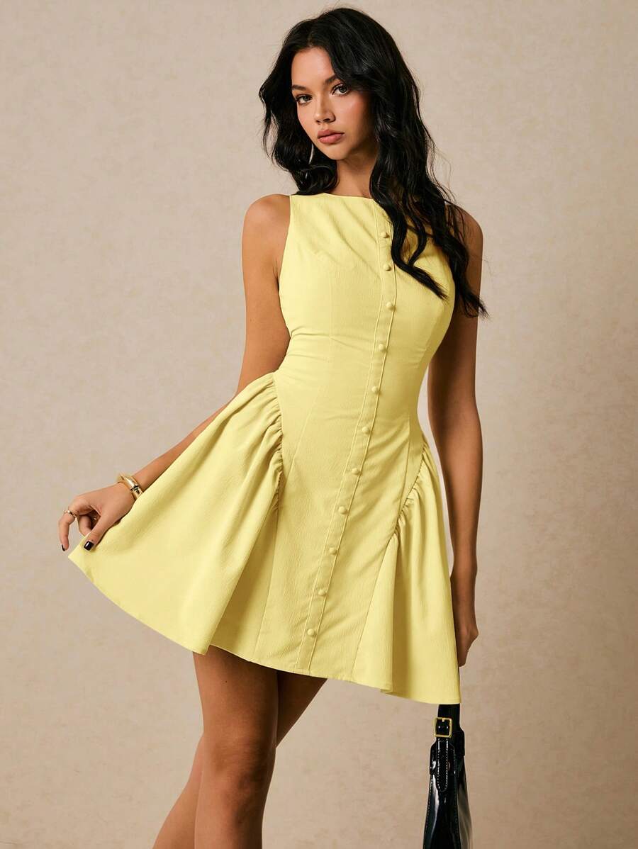 Women Sleeveless Solid Color Mini Dress