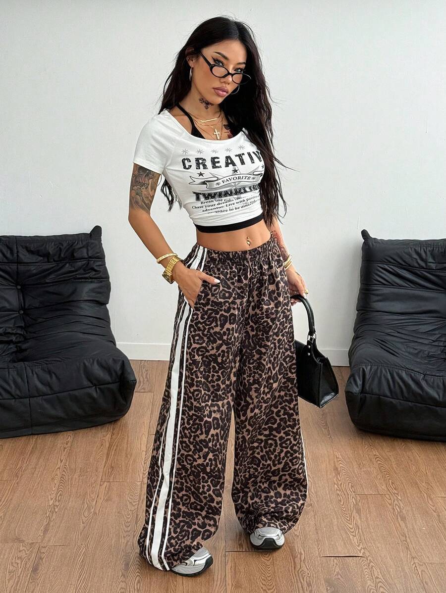 Women's Streetwear Leopard Striped Wide Leg Pants