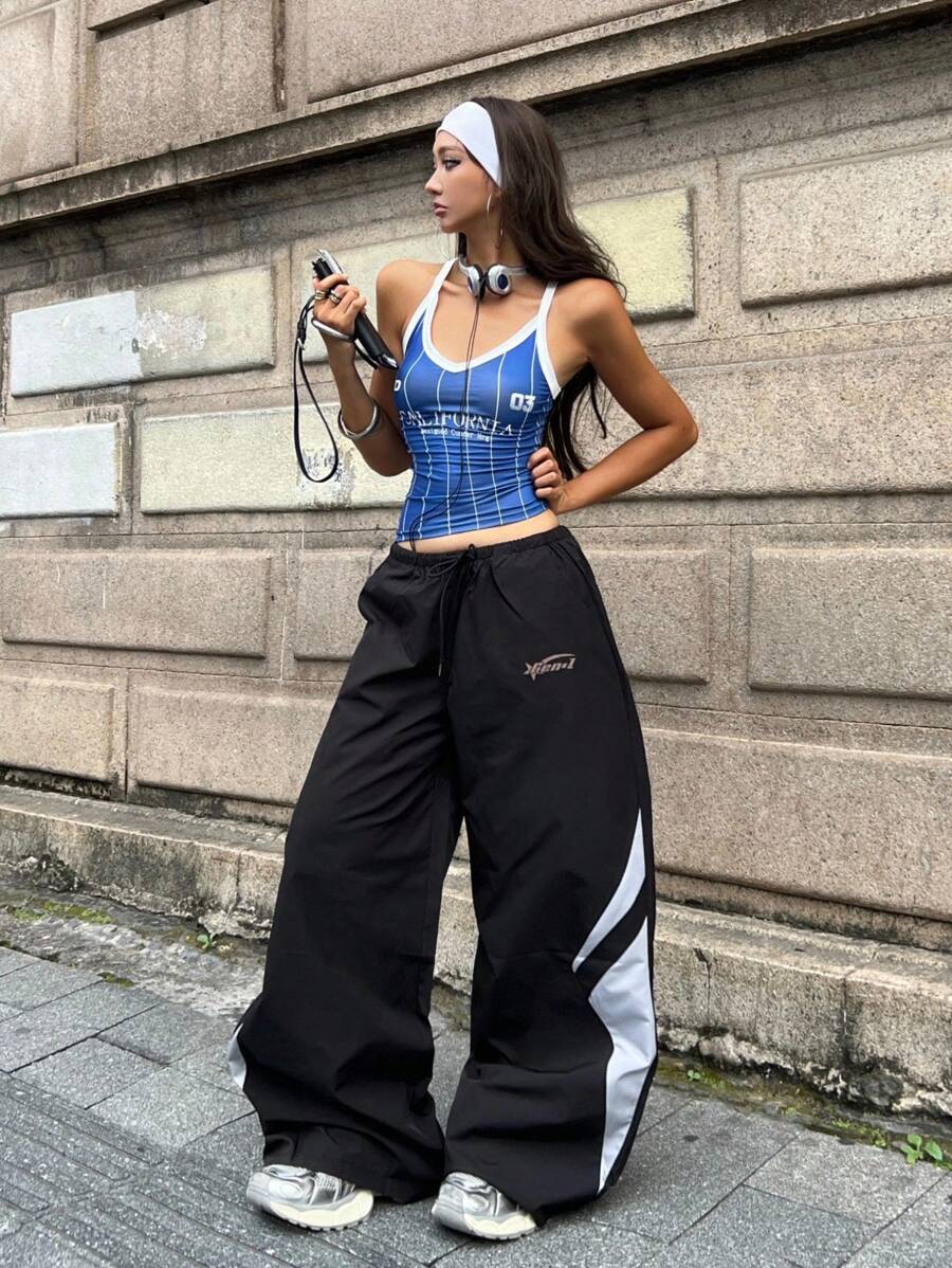 Women's Streetwear Color-Blocked Parachute Pants