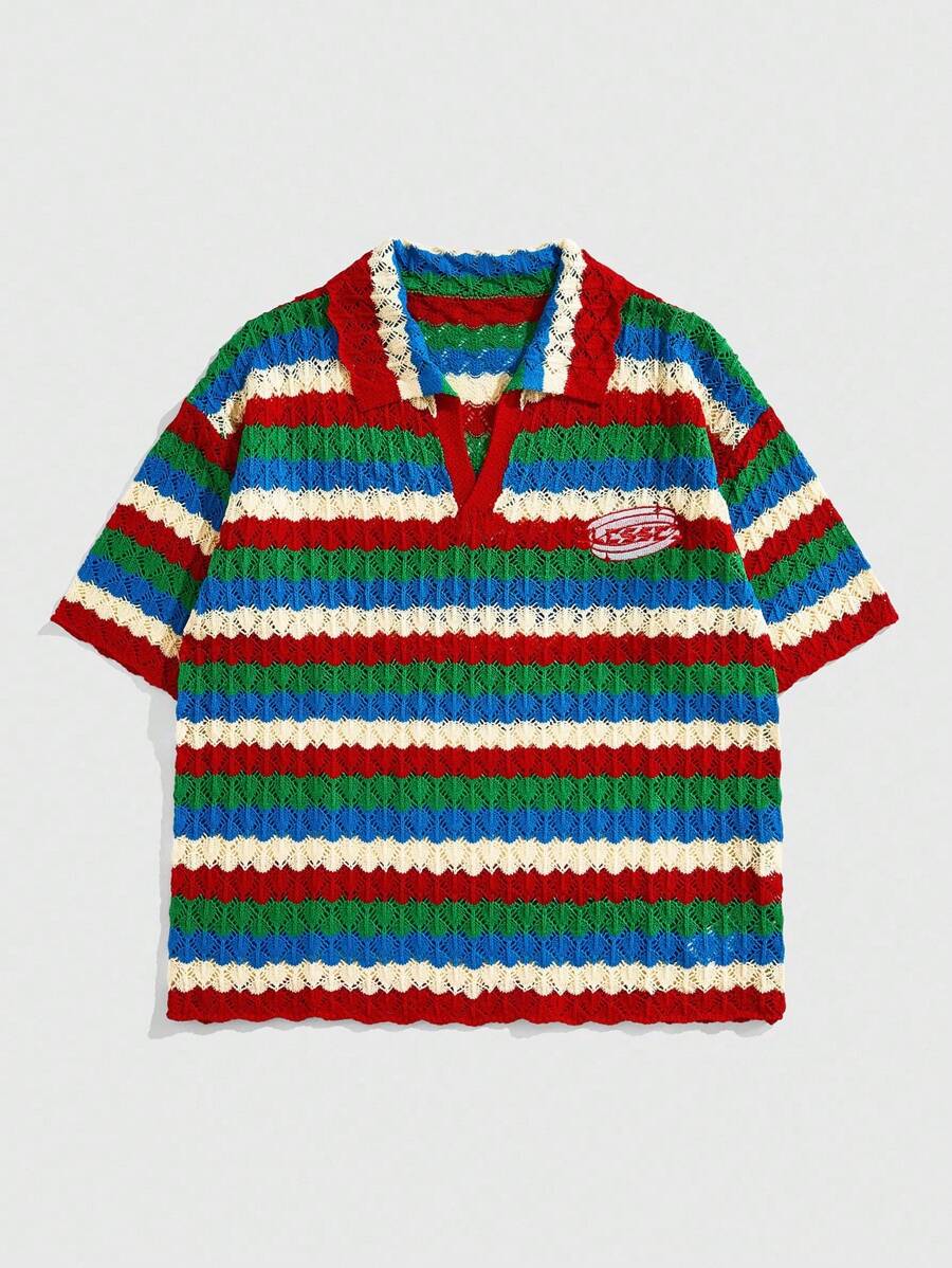 Men's Summer Casual Striped Polo Collar Knit Shirt