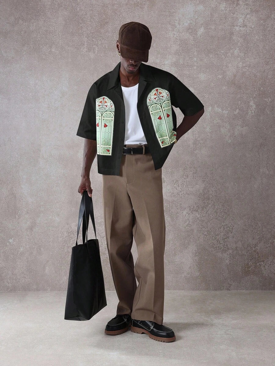 Premium Church Window Graphic Print Short Sleeve Button Down Bowling Shirt