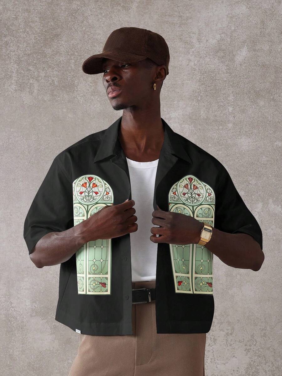 Premium Church Window Graphic Print Short Sleeve Button Down Bowling Shirt