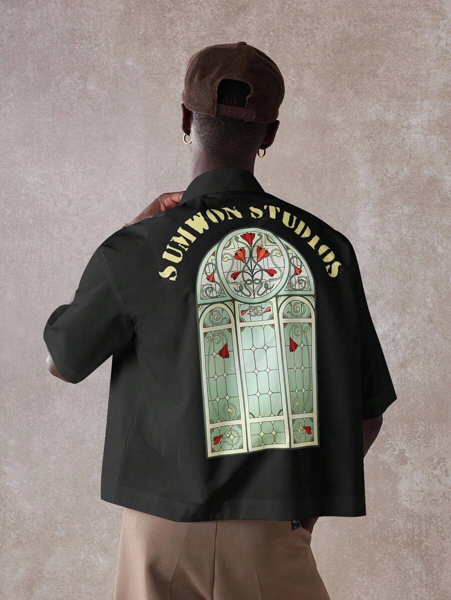 Premium Church Window Graphic Print Short Sleeve Button Down Bowling Shirt
