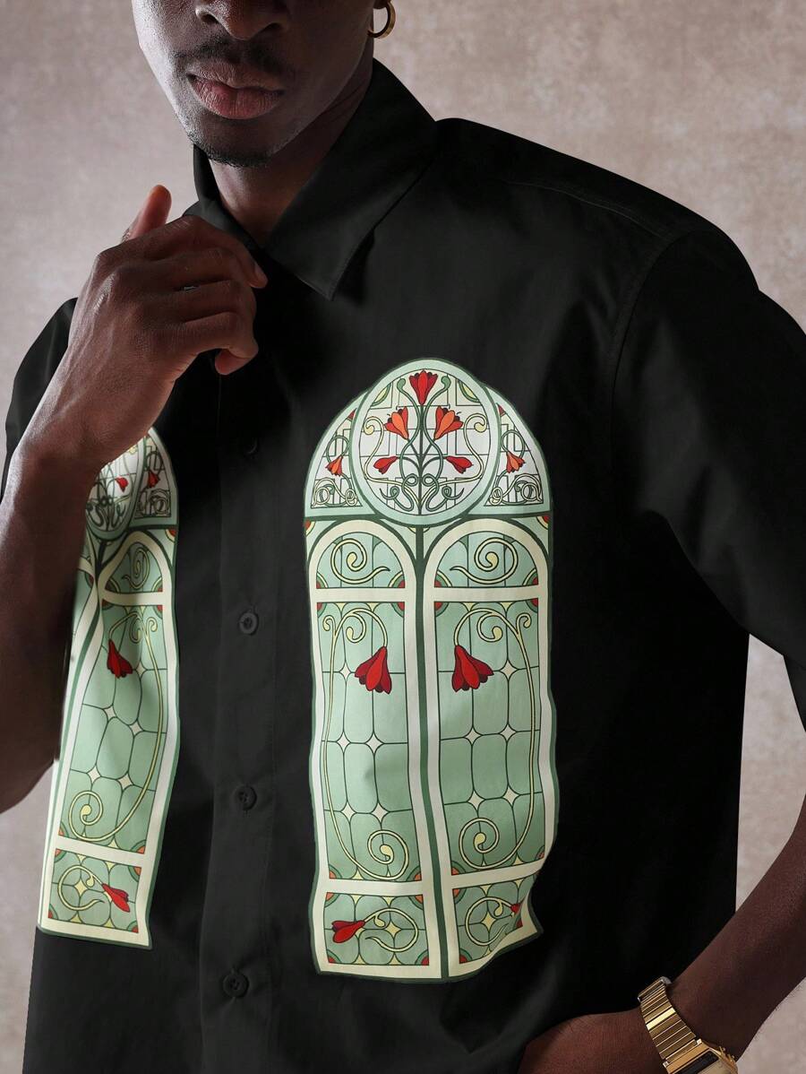 Premium Church Window Graphic Print Short Sleeve Button Down Bowling Shirt
