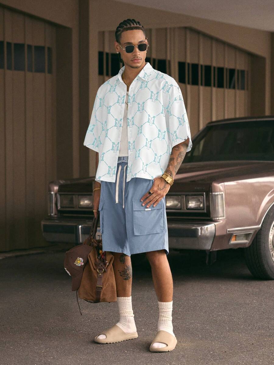 Men's Printed Polo Collar Loose Fit Short Sleeve Shirt With Tie Waist And Shorts Set