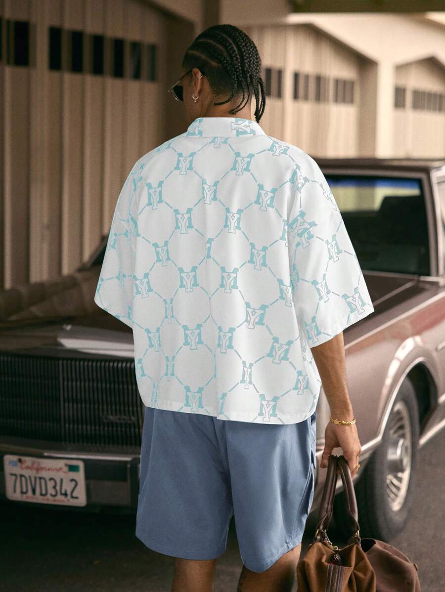 Men's Printed Polo Collar Loose Fit Short Sleeve Shirt With Tie Waist And Shorts Set