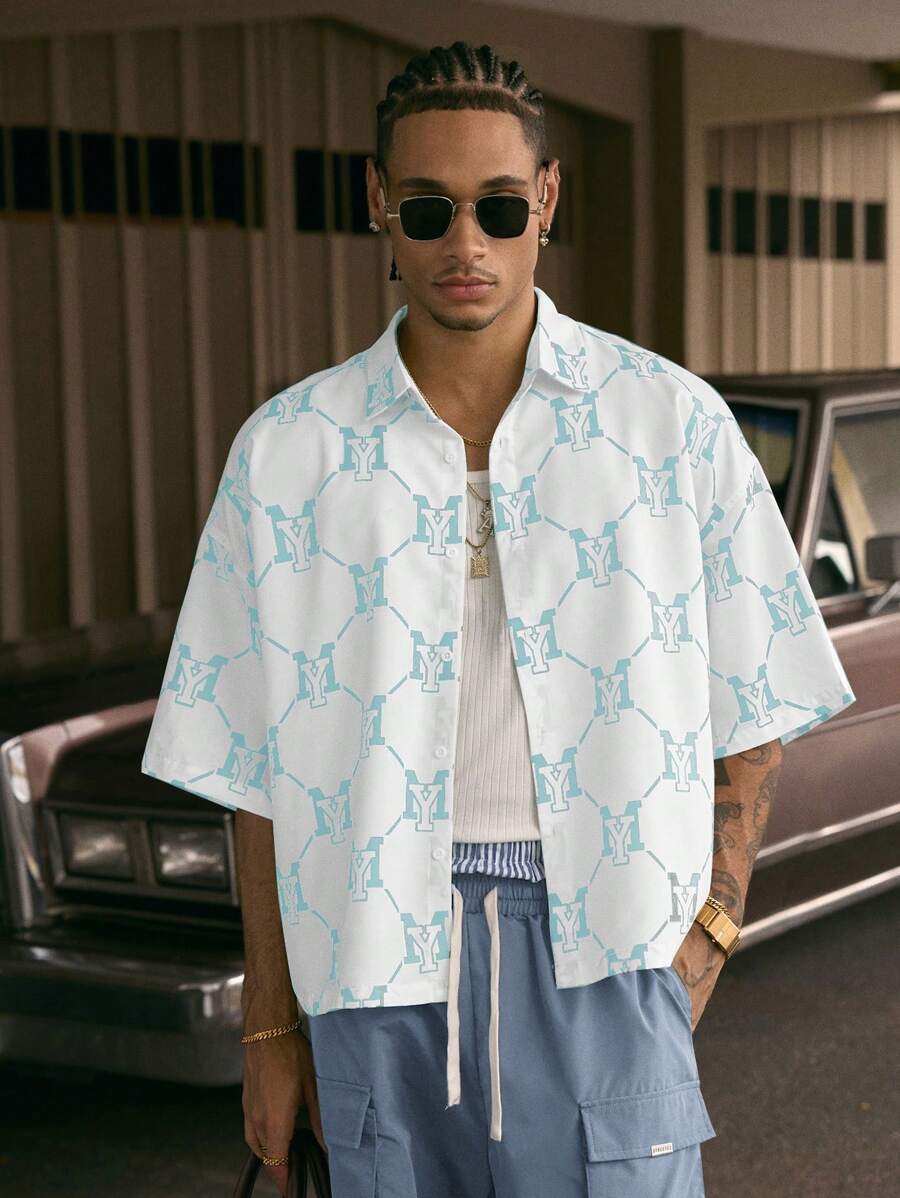 Men's Printed Polo Collar Loose Fit Short Sleeve Shirt With Tie Waist And Shorts Set
