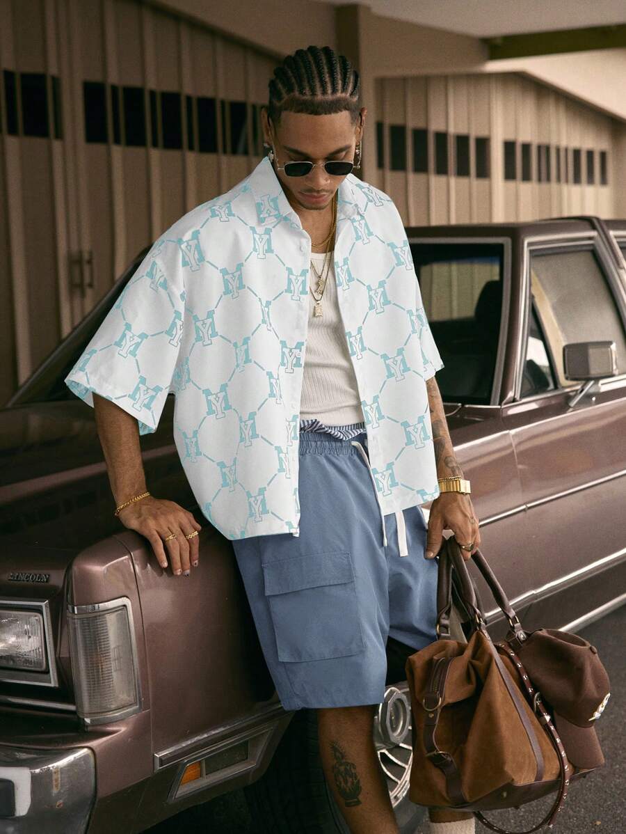 Men's Printed Polo Collar Loose Fit Short Sleeve Shirt With Tie Waist And Shorts Set