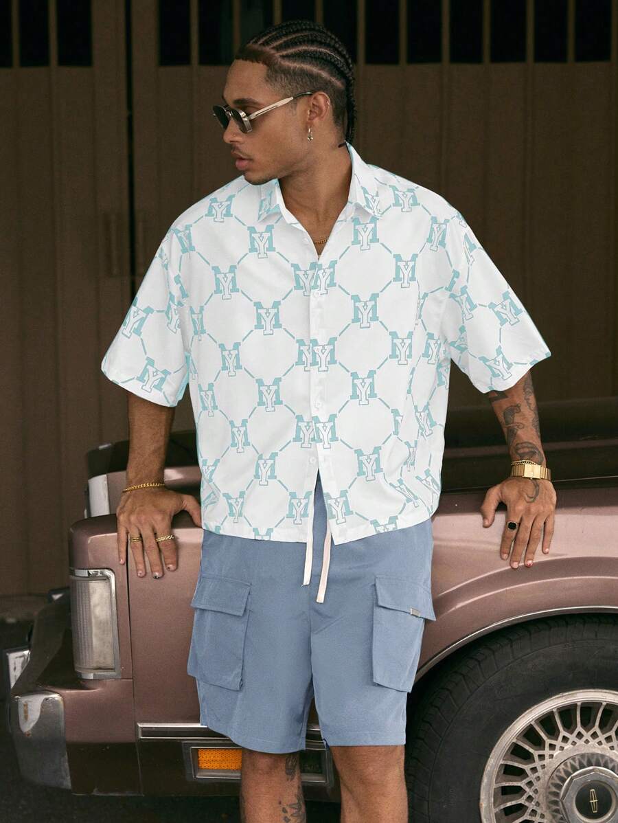 Men's Printed Polo Collar Loose Fit Short Sleeve Shirt With Tie Waist And Shorts Set