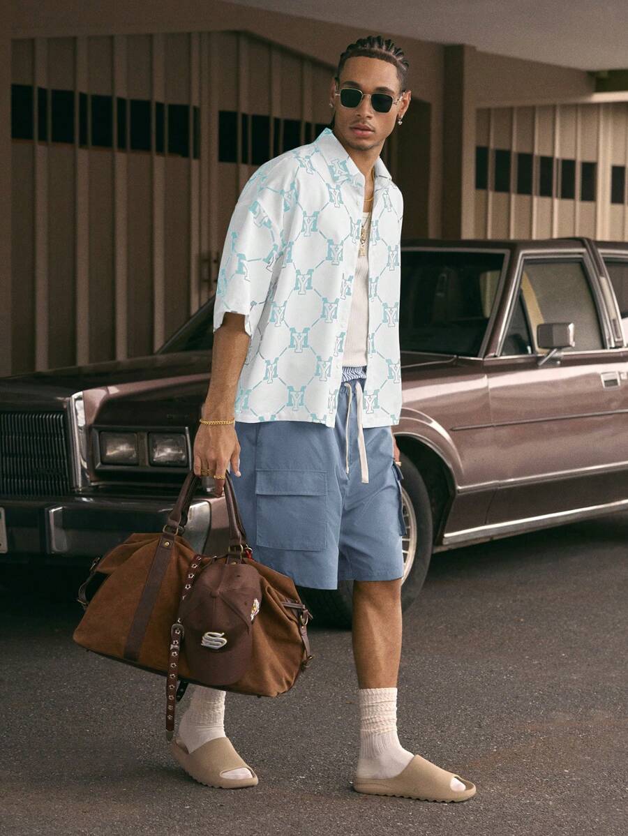 Men's Printed Polo Collar Loose Fit Short Sleeve Shirt With Tie Waist And Shorts Set