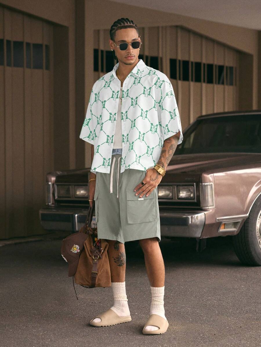 Men's Printed Polo Collar Loose Fit Short Sleeve Shirt With Tie Waist And Shorts Set