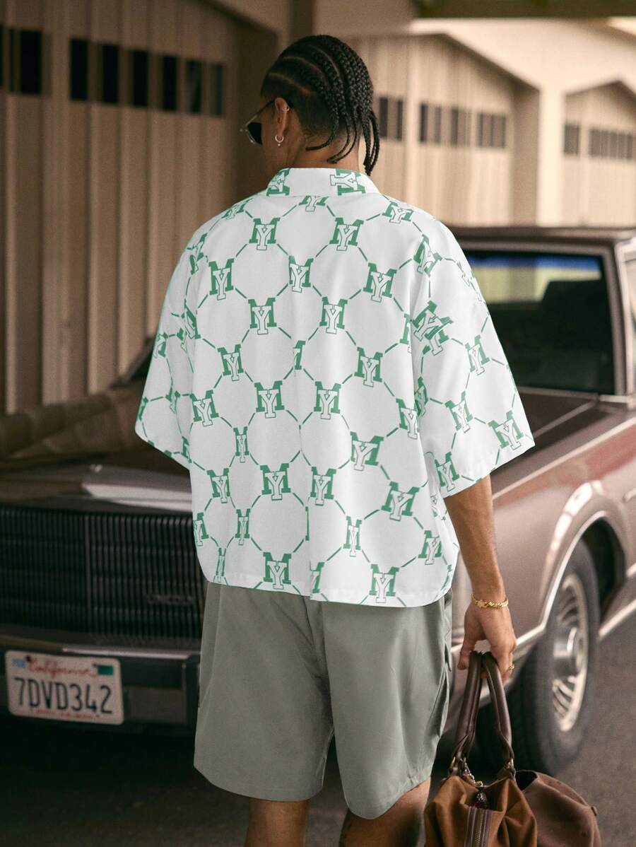 Men's Printed Polo Collar Loose Fit Short Sleeve Shirt With Tie Waist And Shorts Set