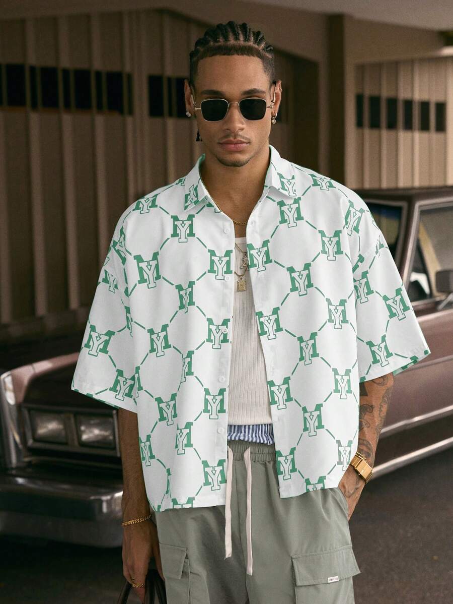 Men's Printed Polo Collar Loose Fit Short Sleeve Shirt With Tie Waist And Shorts Set
