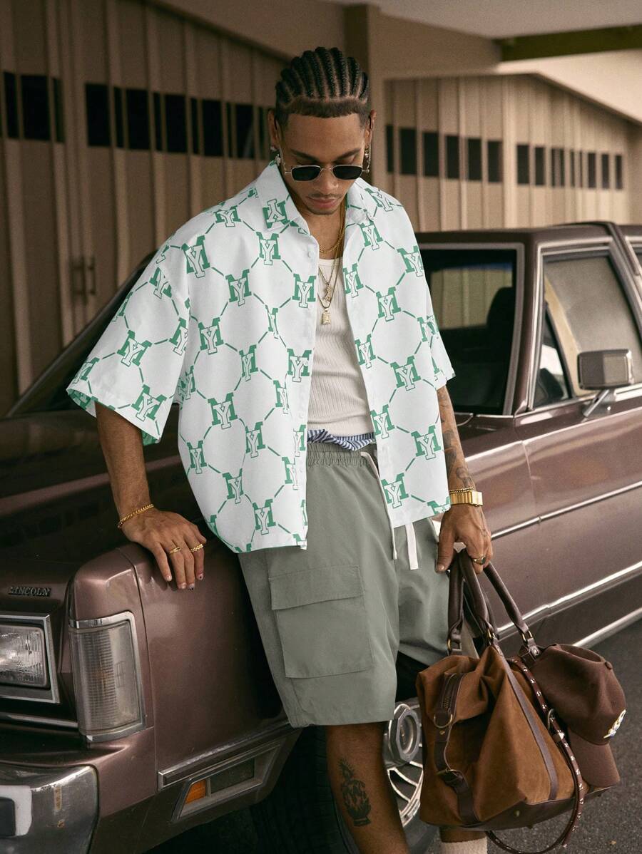 Men's Printed Polo Collar Loose Fit Short Sleeve Shirt With Tie Waist And Shorts Set