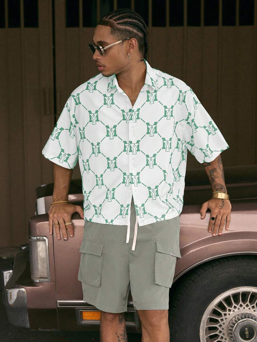 Men's Printed Polo Collar Loose Fit Short Sleeve Shirt With Tie Waist And Shorts Set