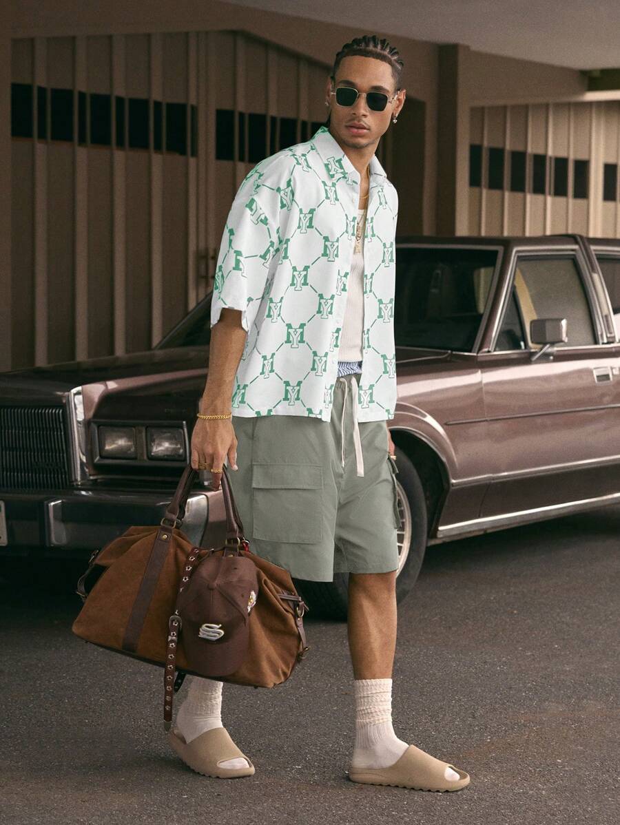 Men's Printed Polo Collar Loose Fit Short Sleeve Shirt With Tie Waist And Shorts Set