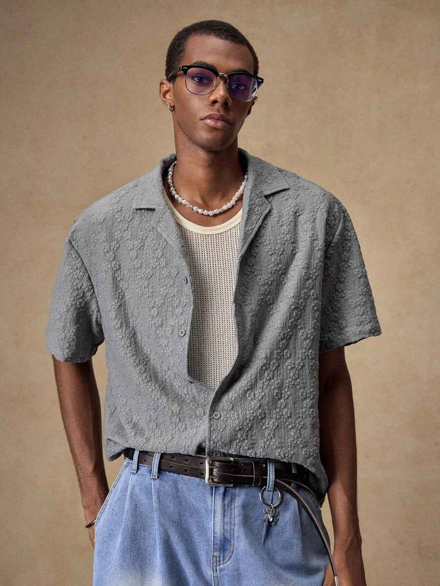 Men's Business Casual Embroidered Floral Pattern Woven Casual Short Sleeve Loose Shirt