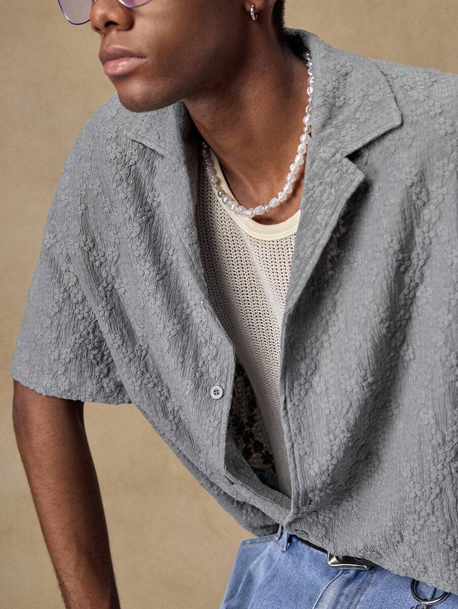 Men's Business Casual Embroidered Floral Pattern Woven Casual Short Sleeve Loose Shirt