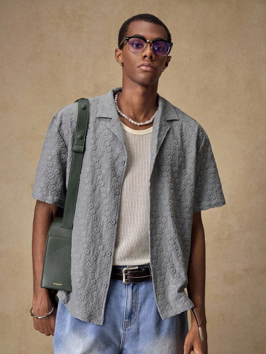 Men's Business Casual Embroidered Floral Pattern Woven Casual Short Sleeve Loose Shirt