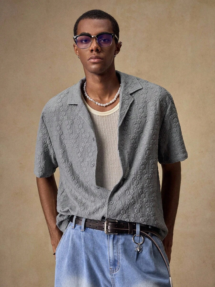 Men's Business Casual Embroidered Floral Pattern Woven Casual Short Sleeve Loose Shirt