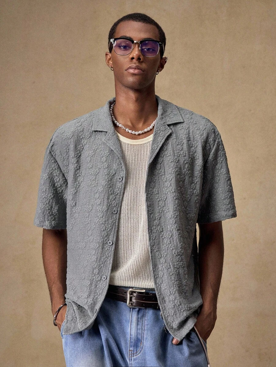 Men's Business Casual Embroidered Floral Pattern Woven Casual Short Sleeve Loose Shirt