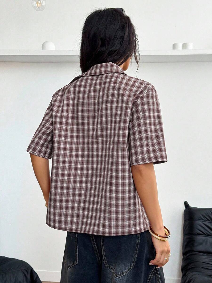 Women Crooped Zip Pocket Short Sleeve Shirt