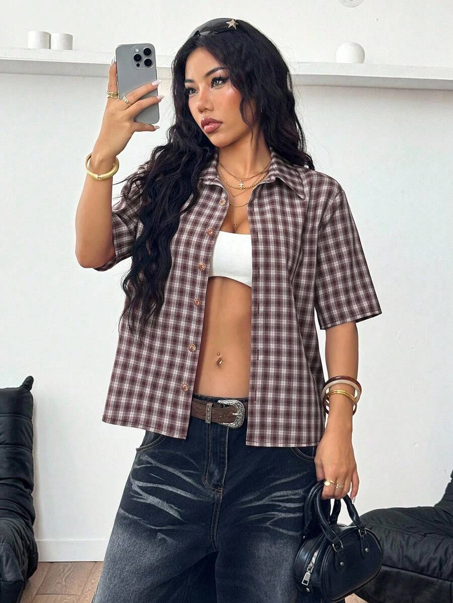 Women Crooped Zip Pocket Short Sleeve Shirt