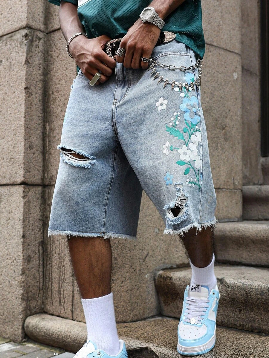 Men's Light Wash Ripped Denim Bermuda Shorts With Floral Retro Design