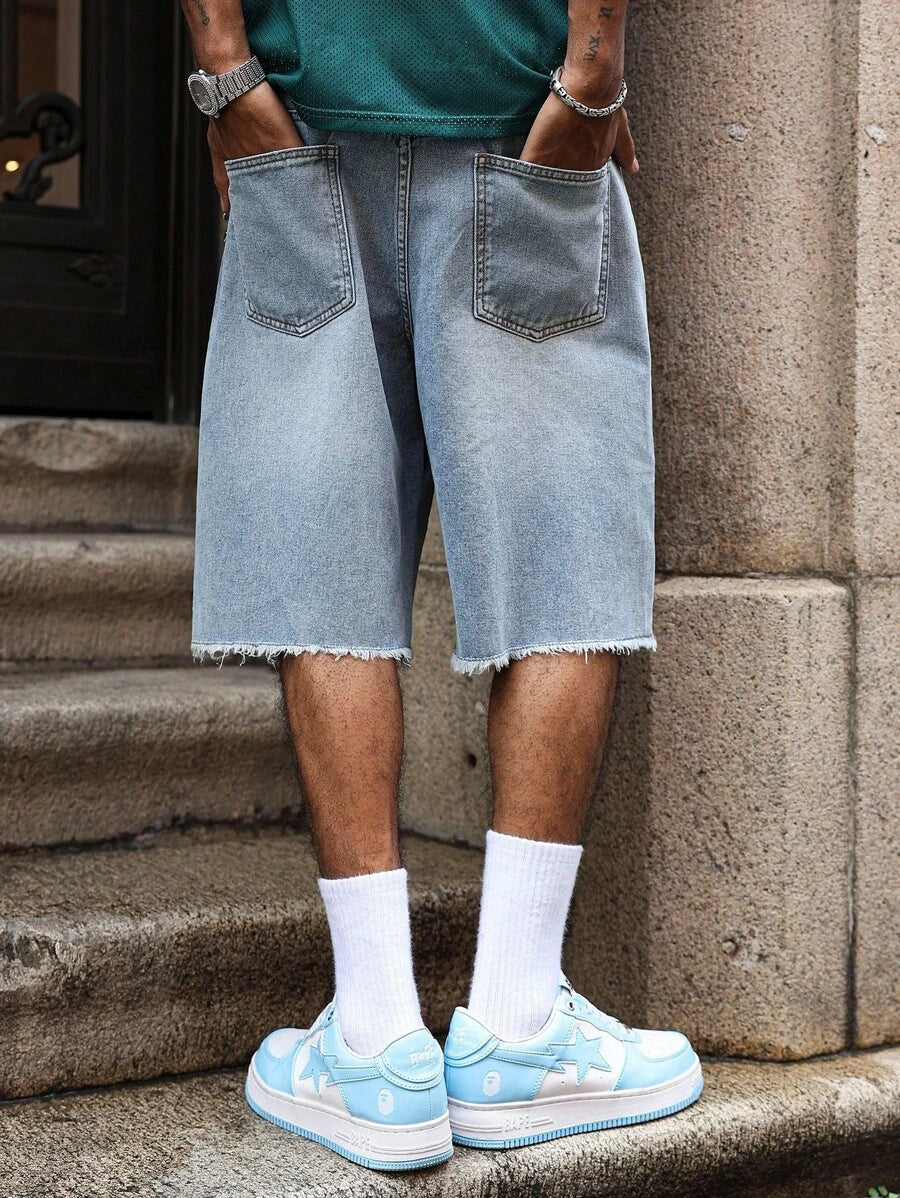 Men's Light Wash Ripped Denim Bermuda Shorts With Floral Retro Design