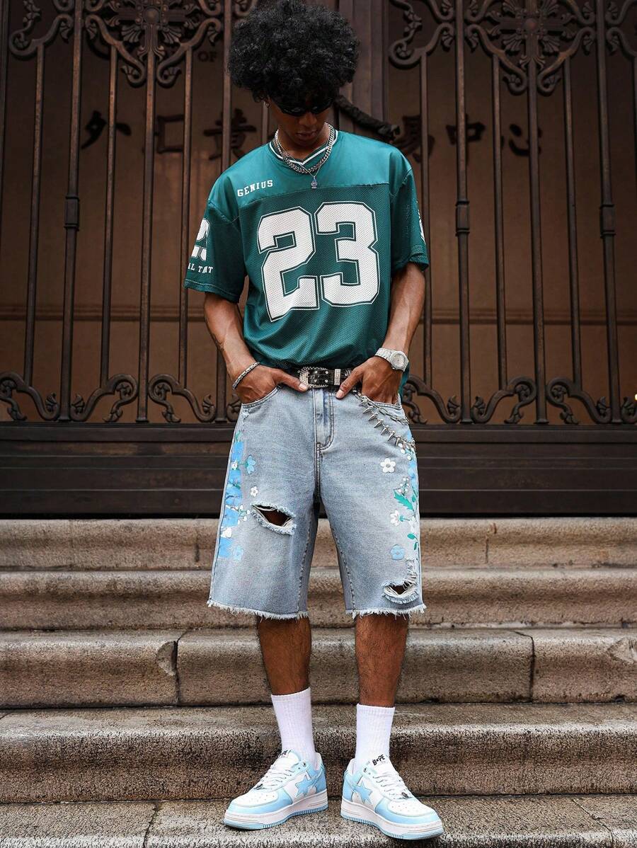 Men's Light Wash Ripped Denim Bermuda Shorts With Floral Retro Design