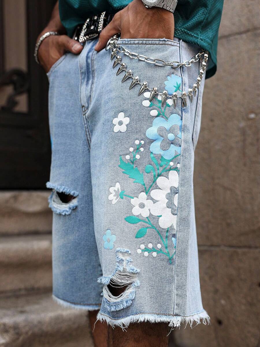Men's Light Wash Ripped Denim Bermuda Shorts With Floral Retro Design