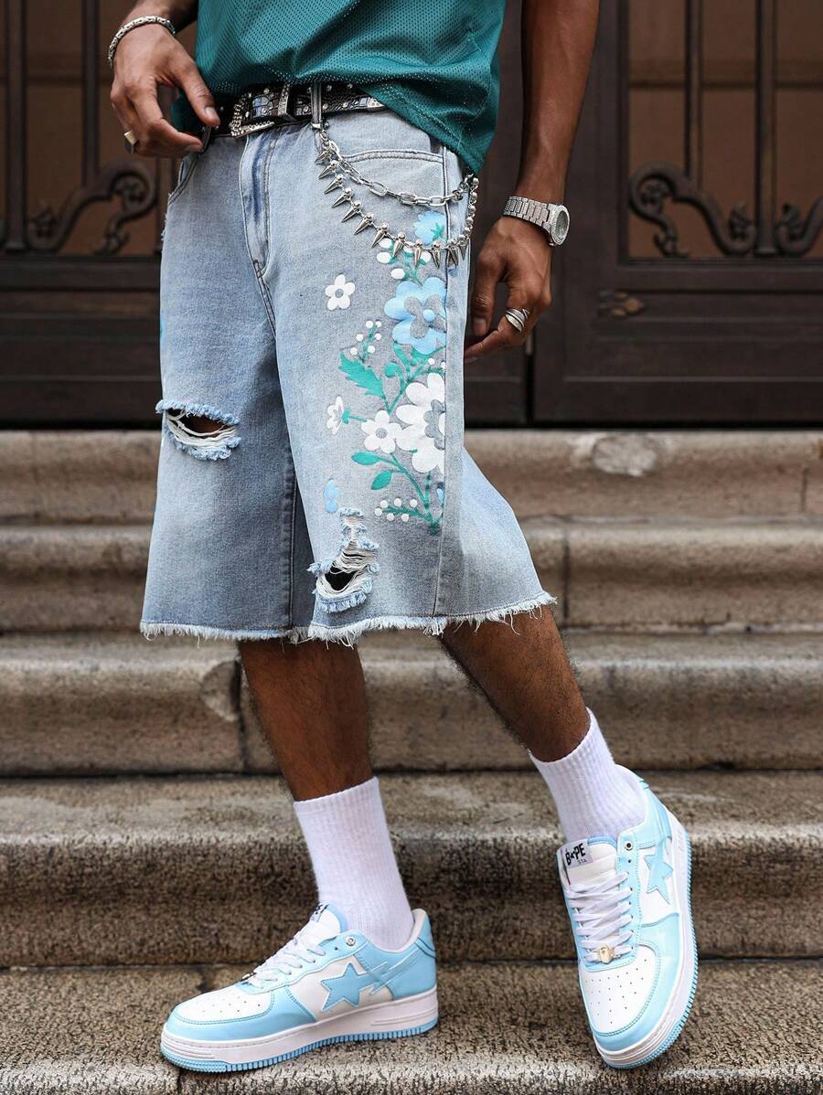 Men's Light Wash Ripped Denim Bermuda Shorts With Floral Retro Design
